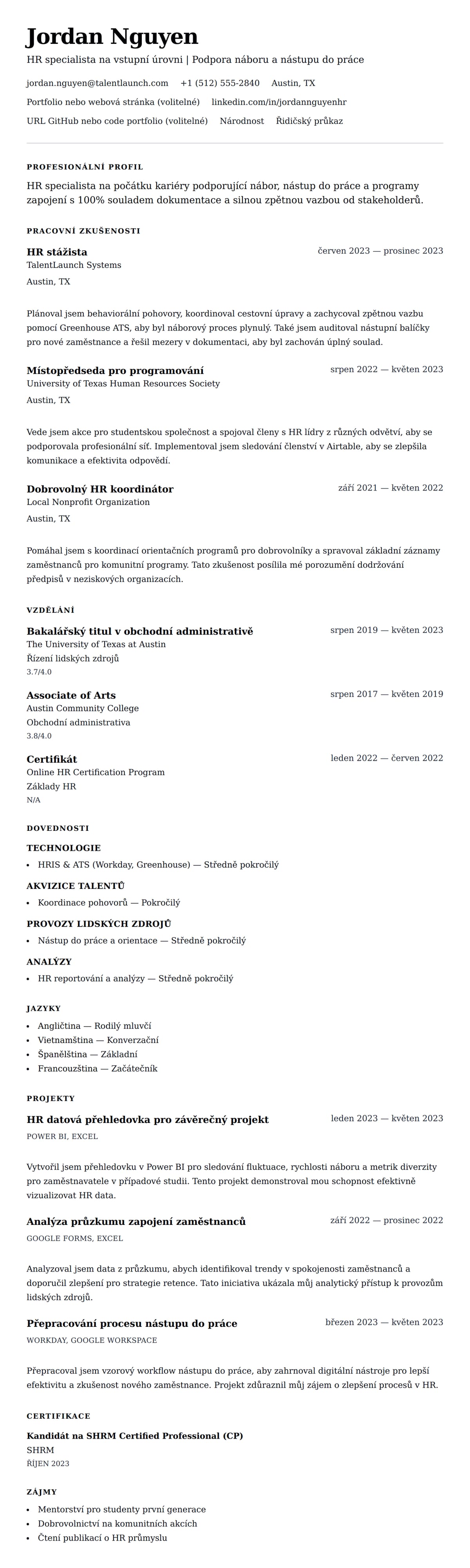 Náhled životopisu pro Příklad životopisu HR specialisty na vstupní úrovni