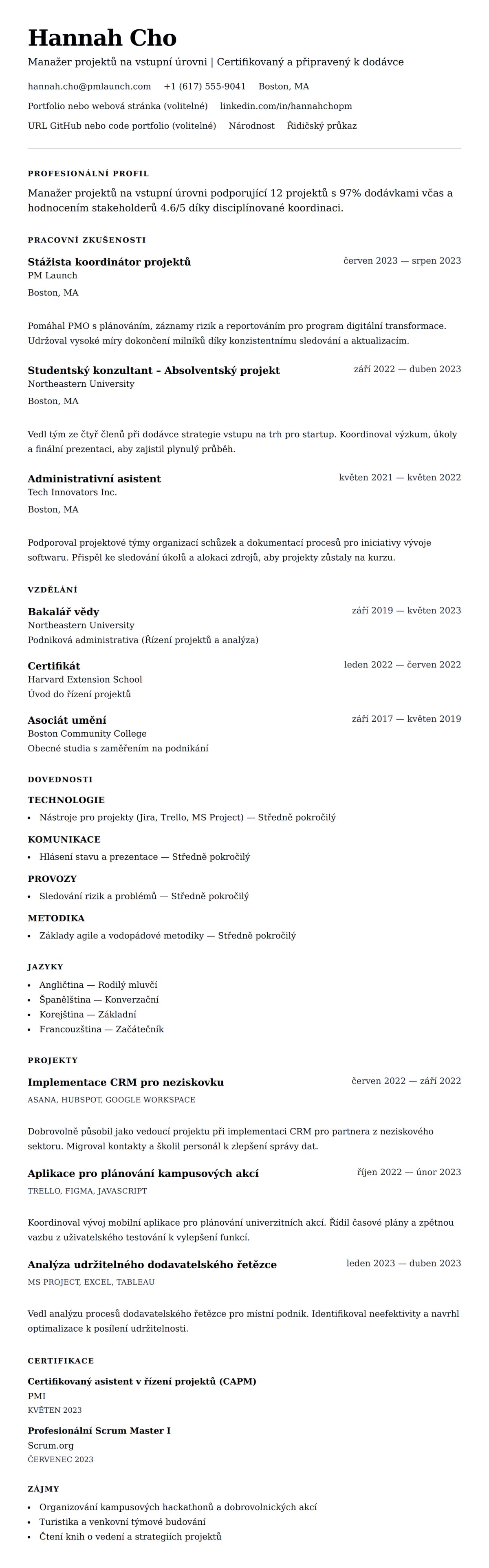 Náhled životopisu pro Příklad životopisu pro manažera projektů na vstupní úrovni