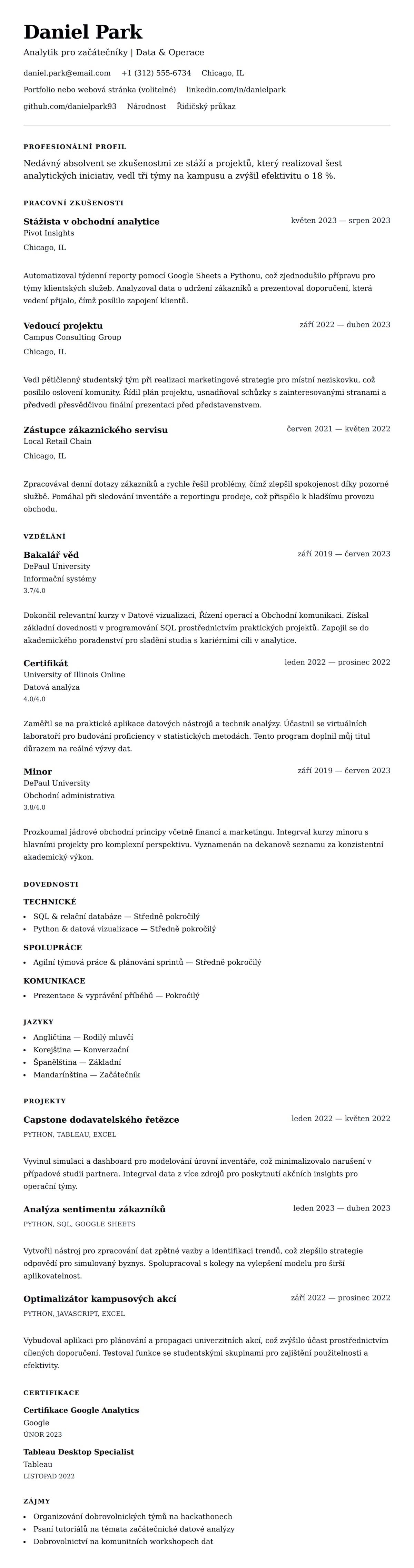 Náhled životopisu pro Příklad životopisu pro začátečníky