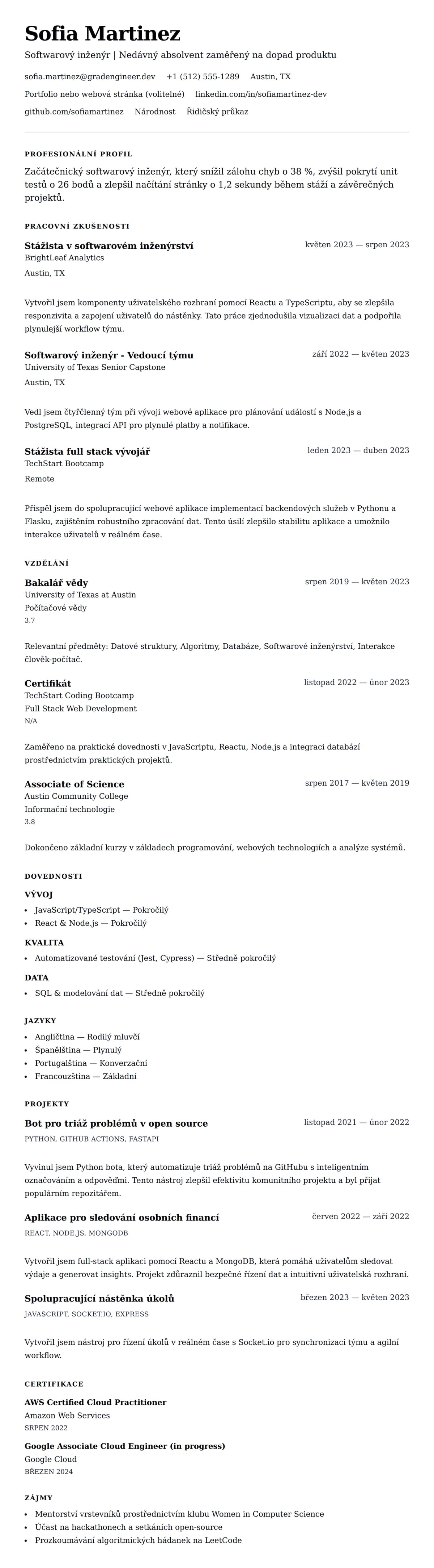 Náhled životopisu pro Příklad životopisu pro začátečnického softwarového inženýra