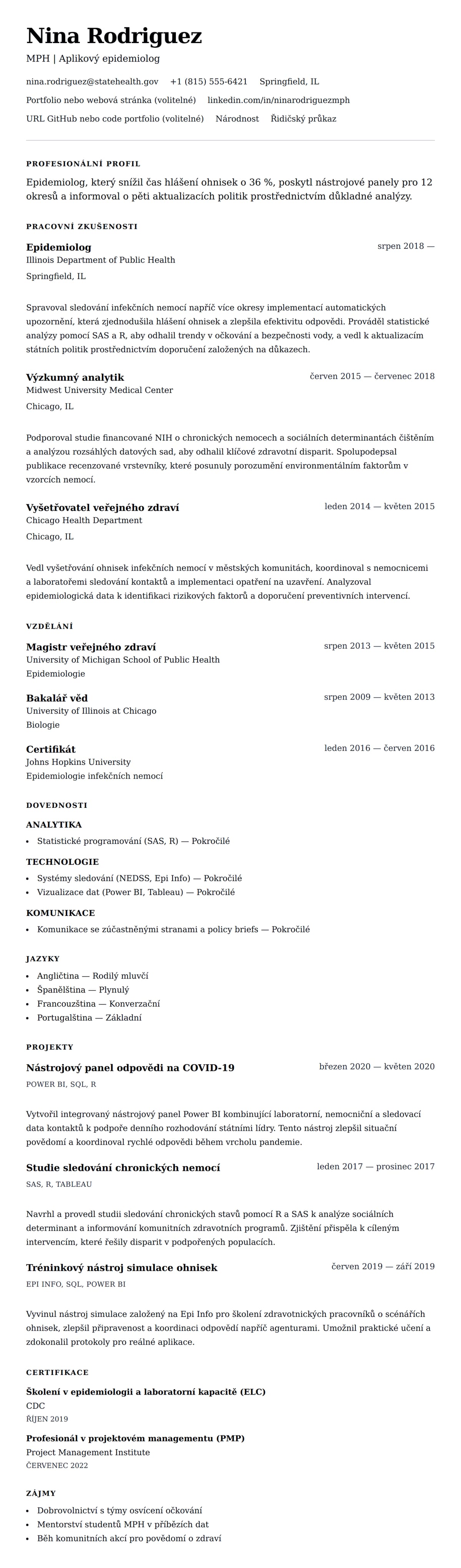 Náhled životopisu pro Příklad životopisu epidemiologa