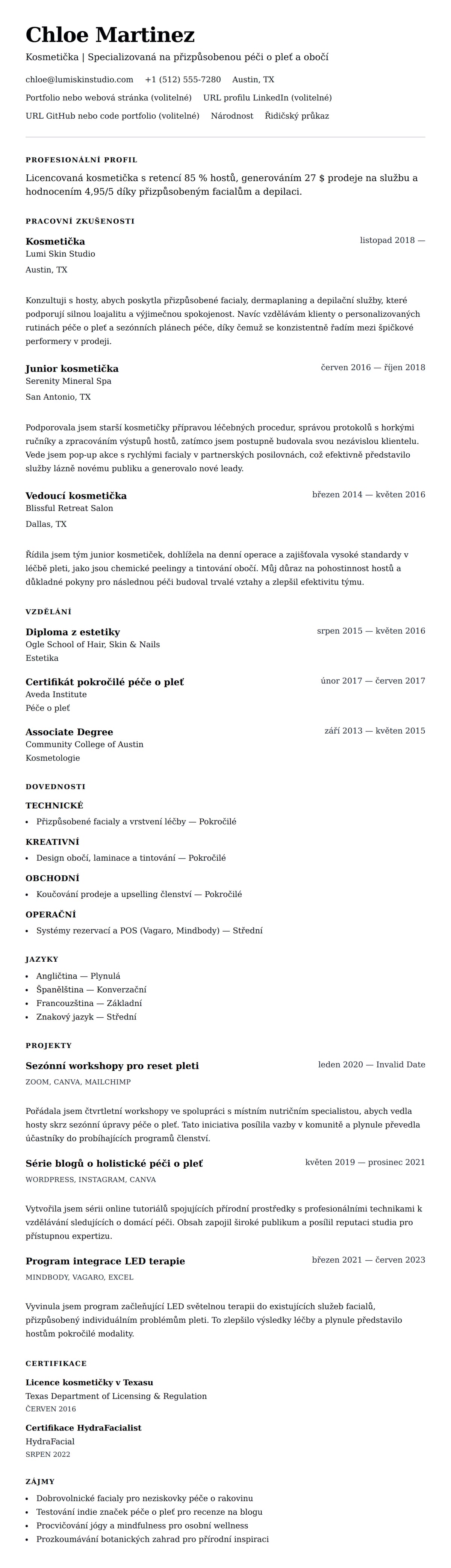 Náhled životopisu pro Příklad životopisu kosmetičky