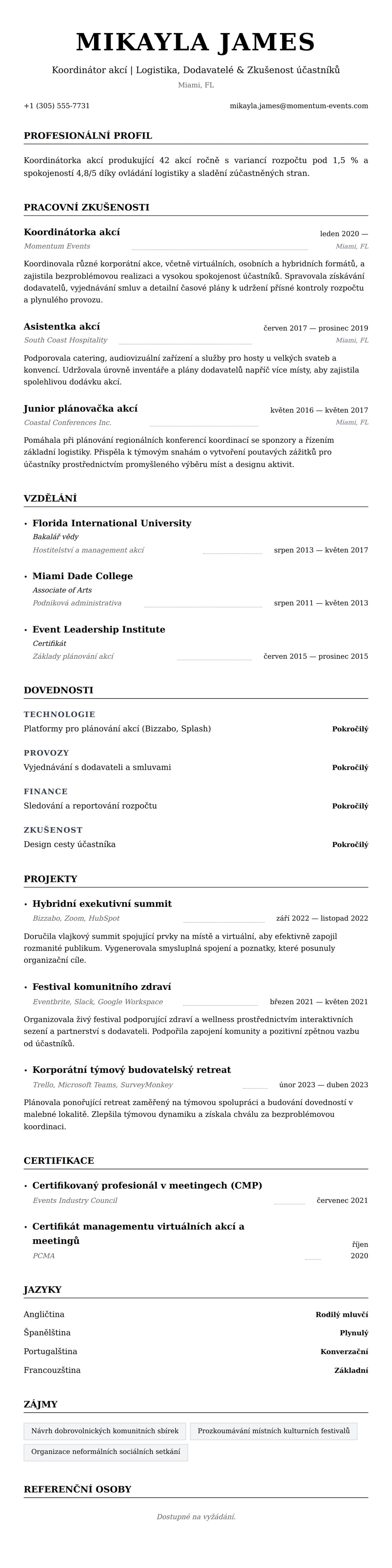 Náhled životopisu pro Příklad životopisu koordinátora akcí