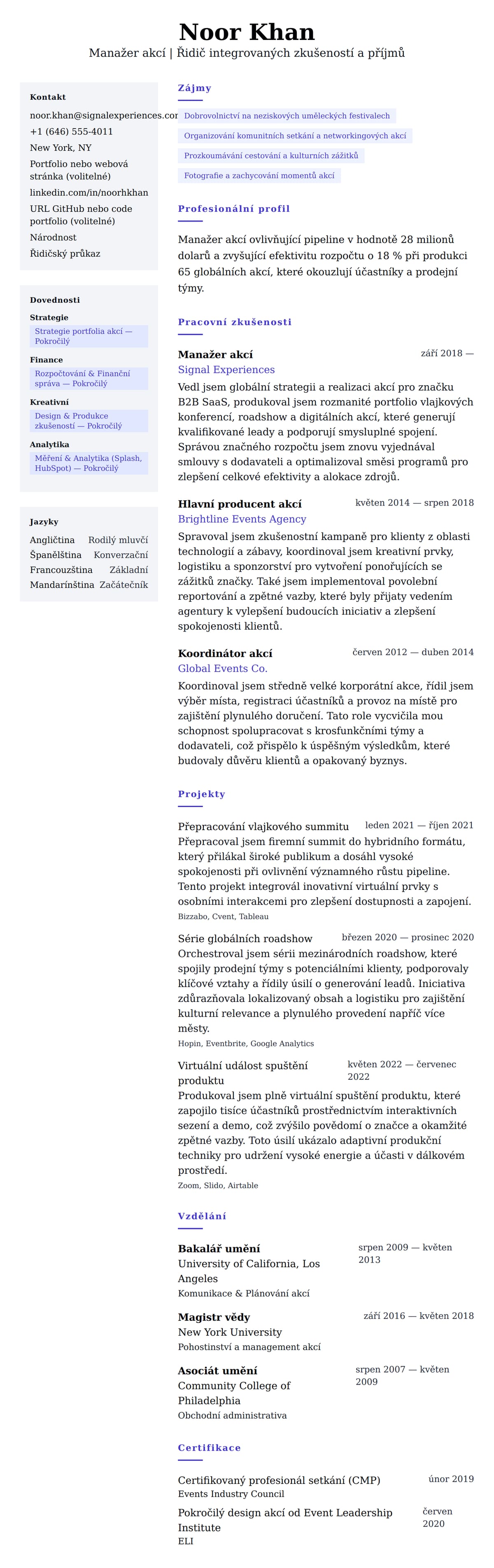 Náhled životopisu pro Příklad životopisu manažera akcí