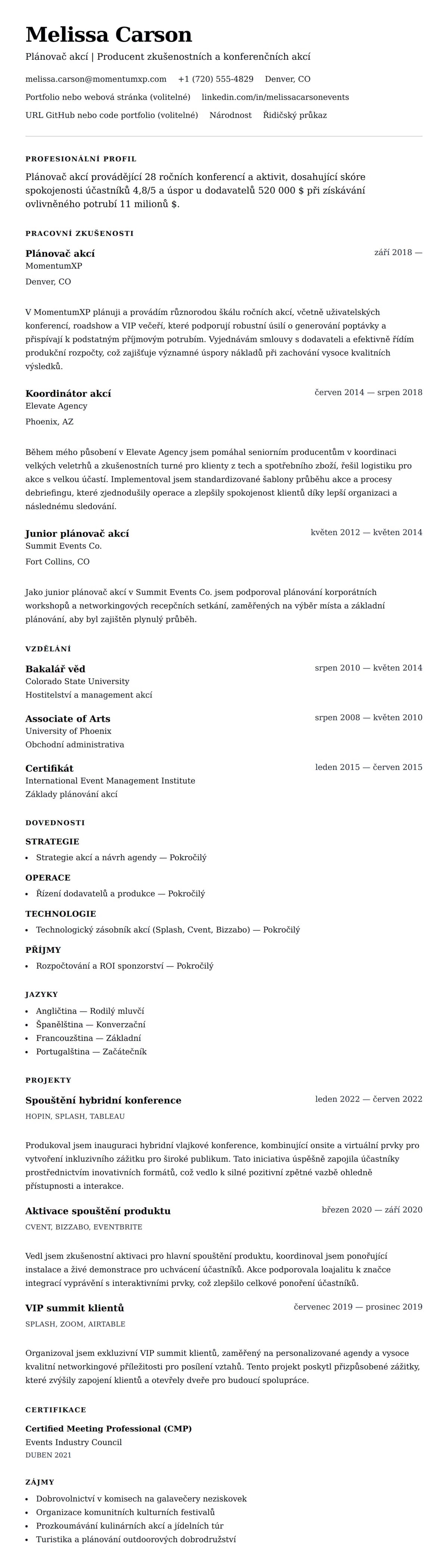 Náhled životopisu pro Příklad životopisu plánovače akcí