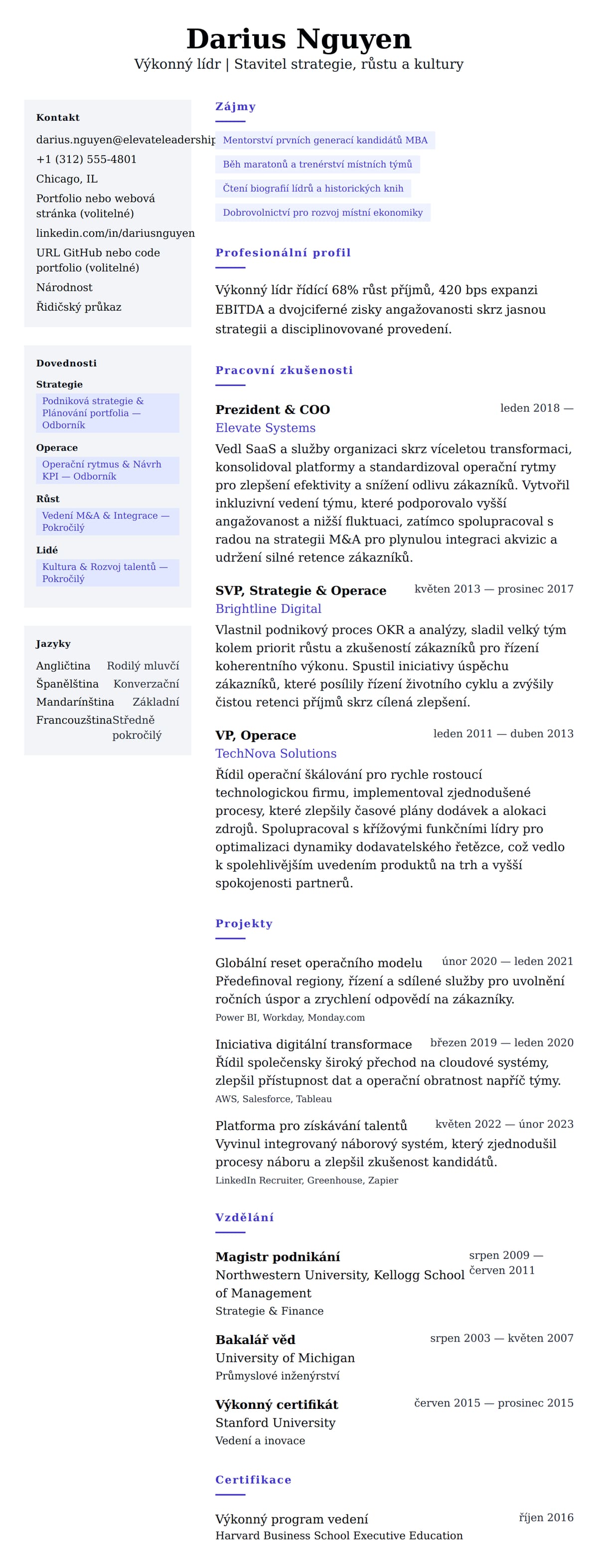 Náhled životopisu pro Příklad životopisu výkonného lídra