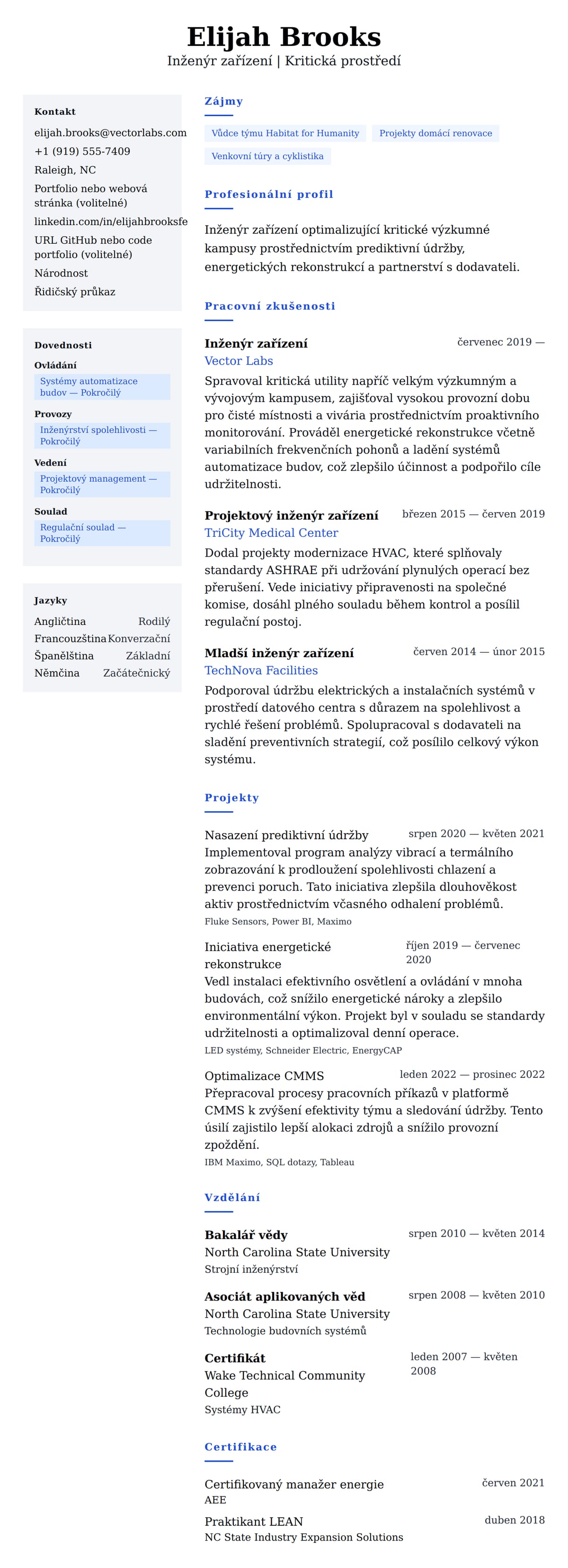 Náhled životopisu pro Příklad životopisu inženýra zařízení