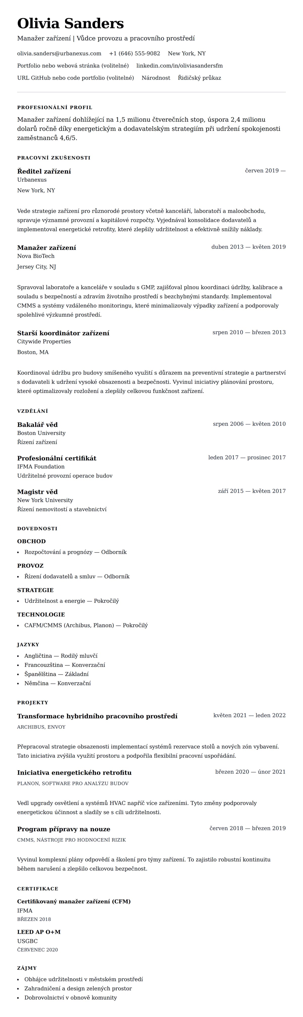 Náhled životopisu pro Příklad životopisu Manažera zařízení