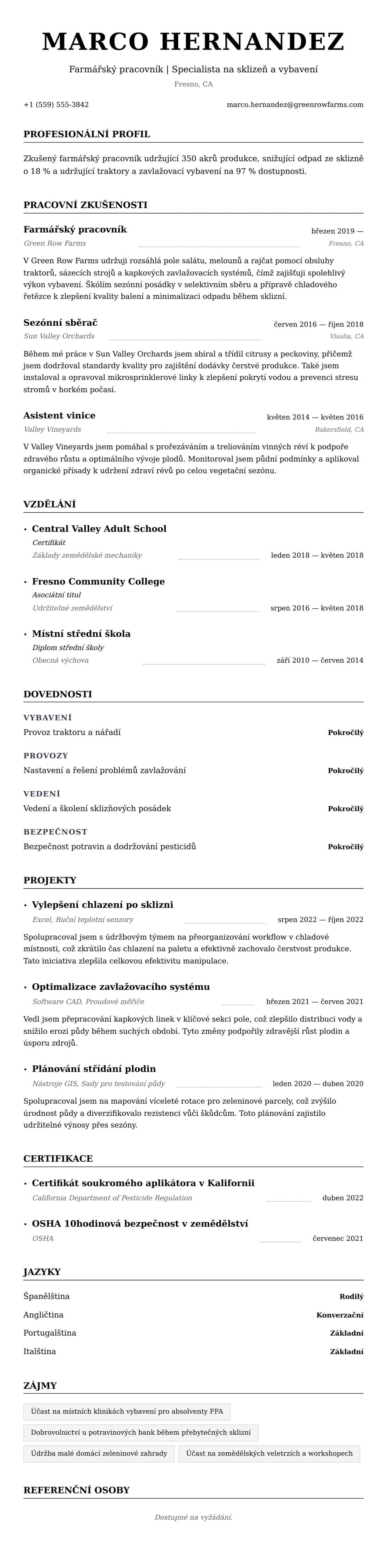 Náhled životopisu pro Příklad životopisu farmářského pracovníka