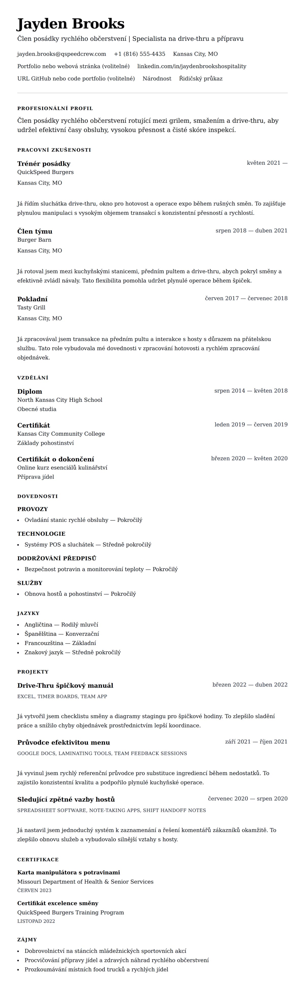 Náhled životopisu pro Příklad životopisu pracovníka rychlého občerstvení