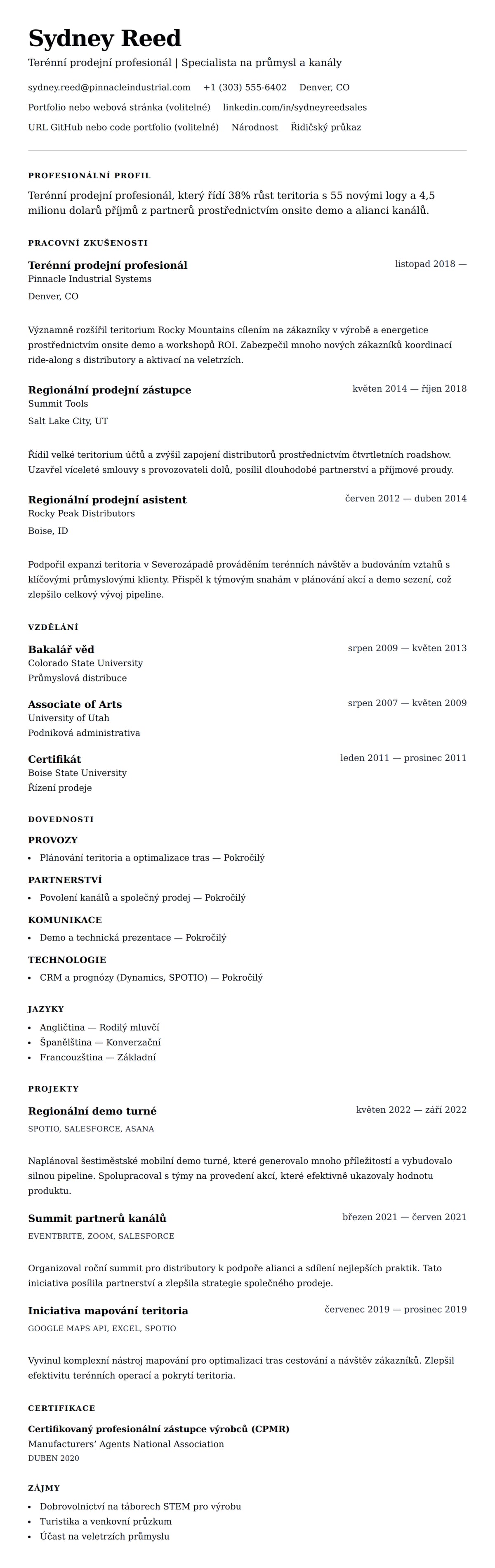 Náhled životopisu pro Příklad životopisu terénního prodejního profesionála