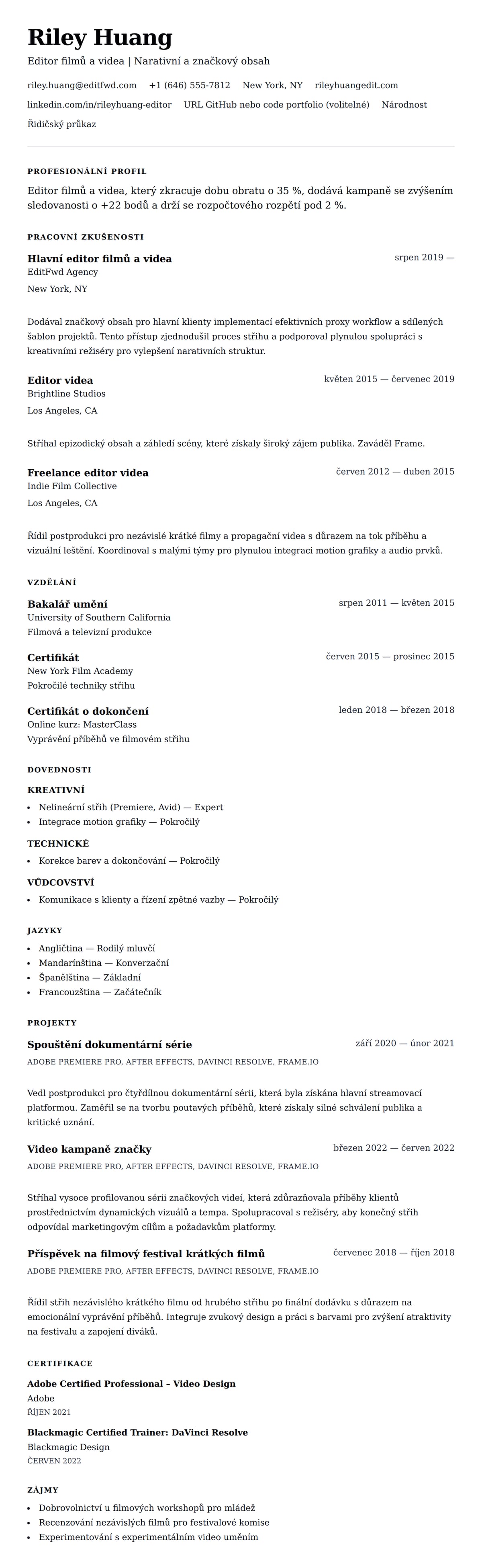 Náhled životopisu pro Příklad životopisu editora filmů a videa