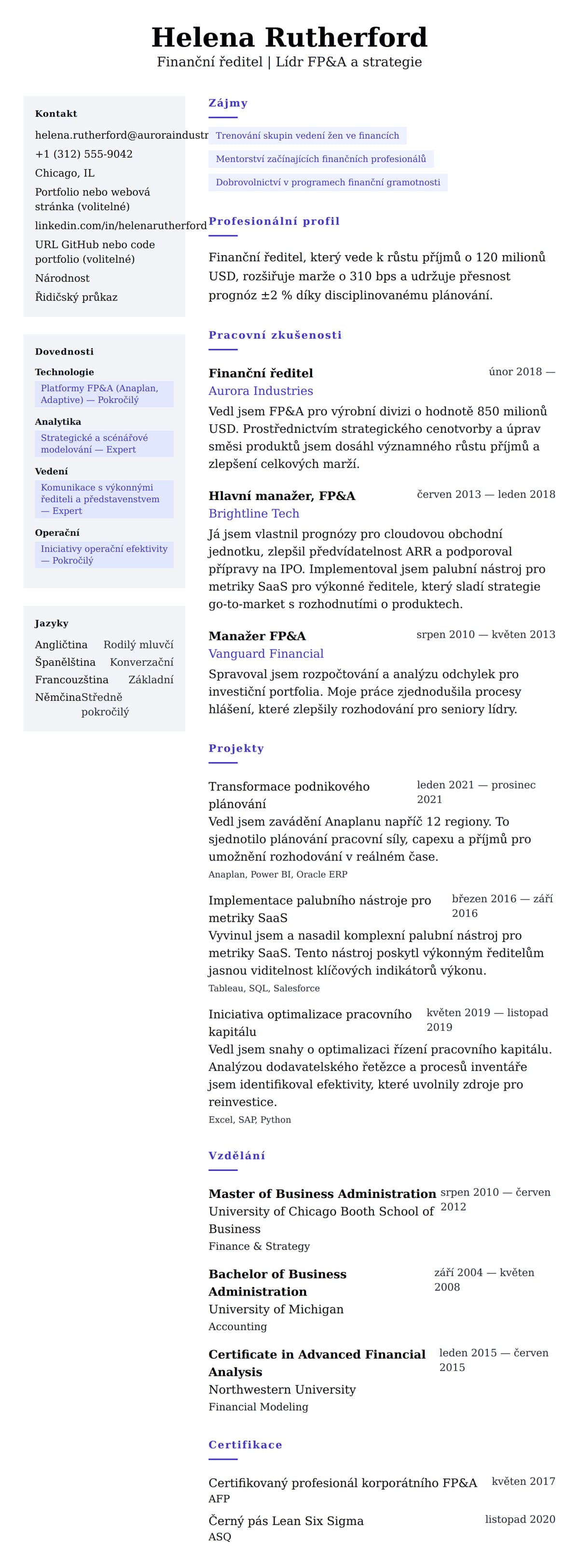 Náhled životopisu pro Příklad životopisu finančního ředitele