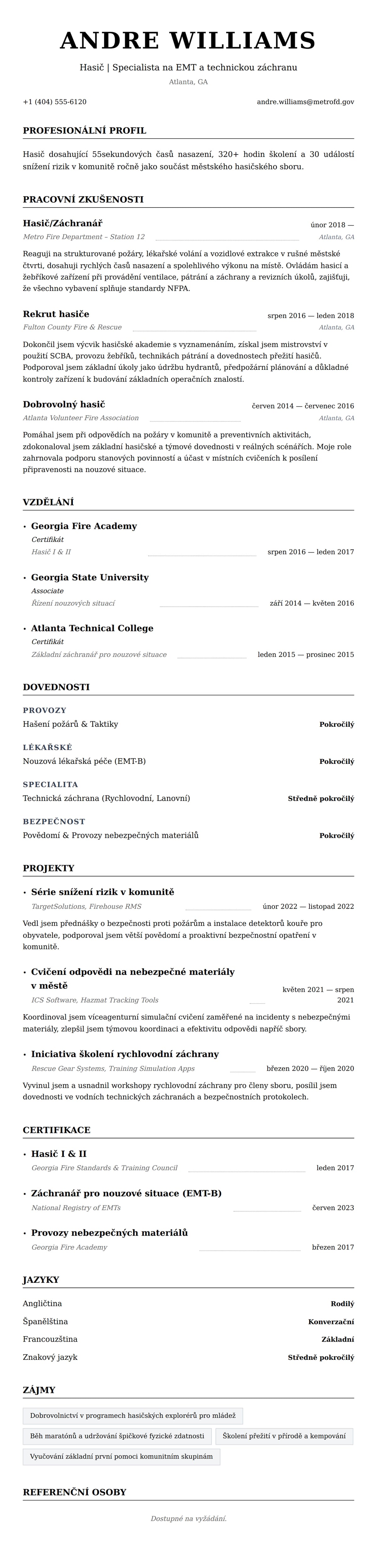 Náhled životopisu pro Příklad životopisu hasiče