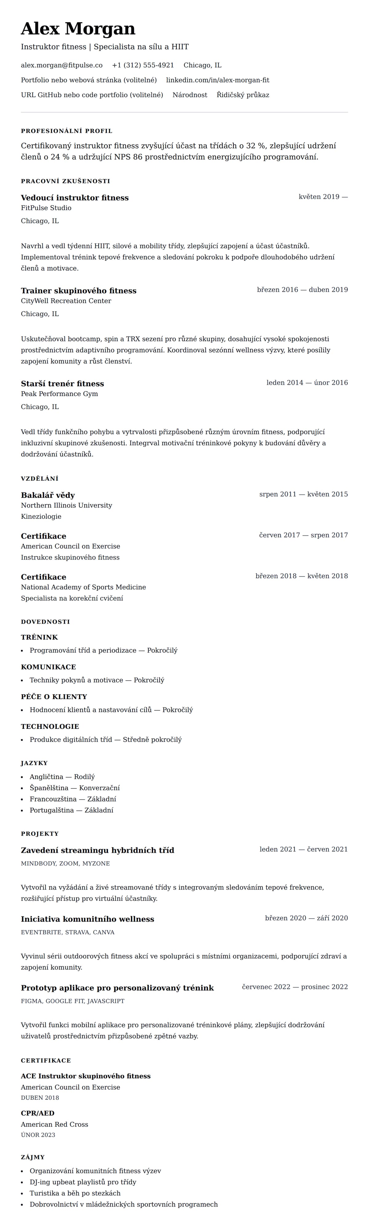 Náhled životopisu pro Příklad životopisu instruktora fitness