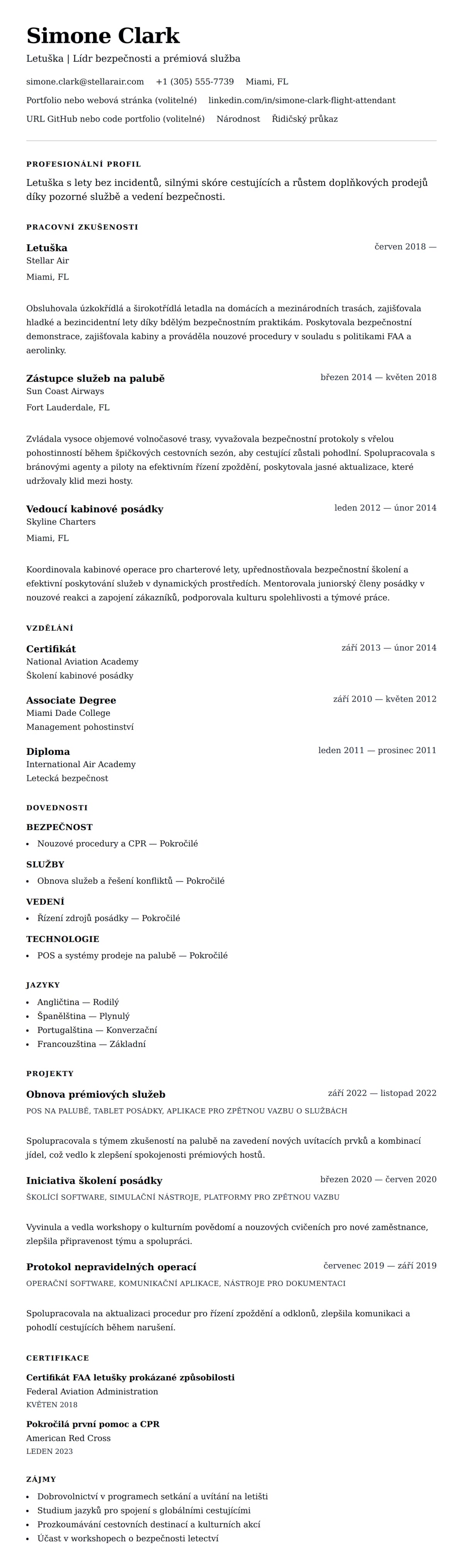 Náhled životopisu pro Příklad životopisu letušky