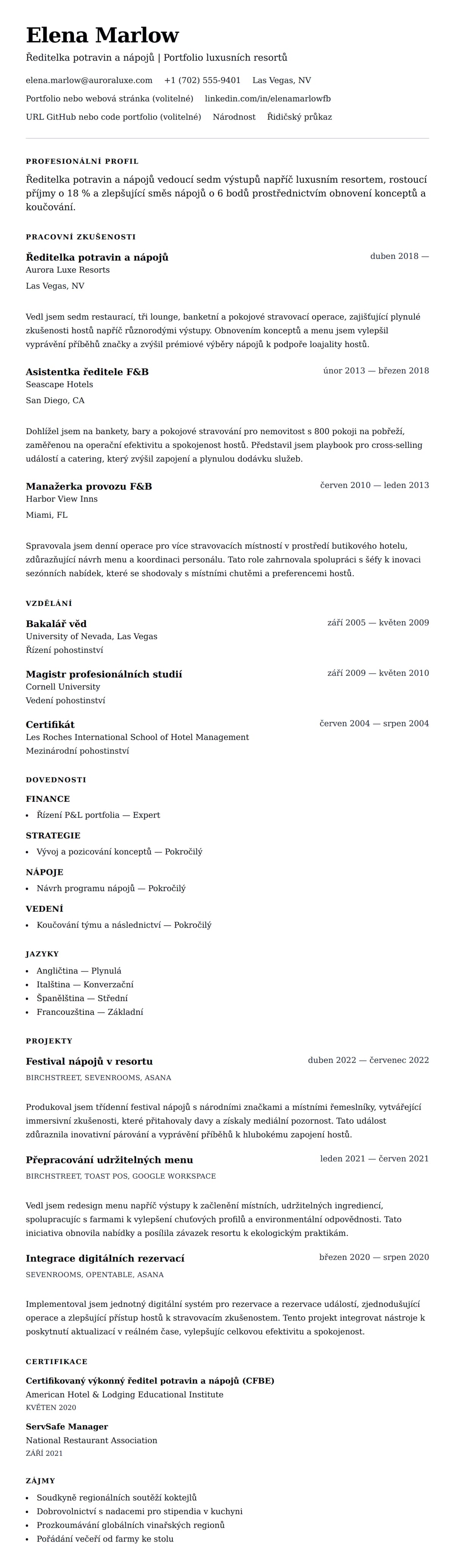 Náhled životopisu pro Příklad životopisu ředitele potravin a nápojů