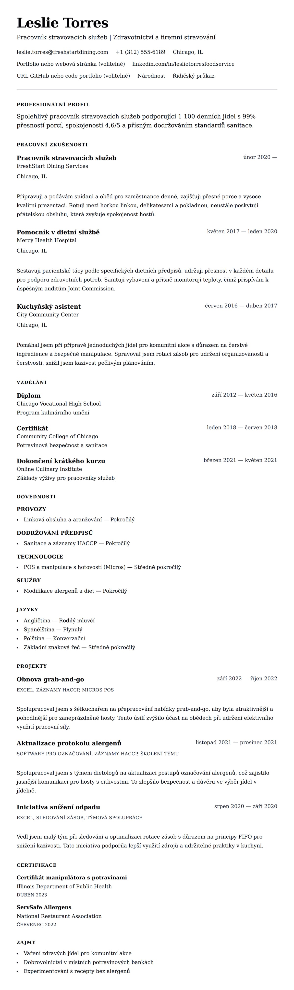 Náhled životopisu pro Příklad životopisu pracovníka stravovacích služeb