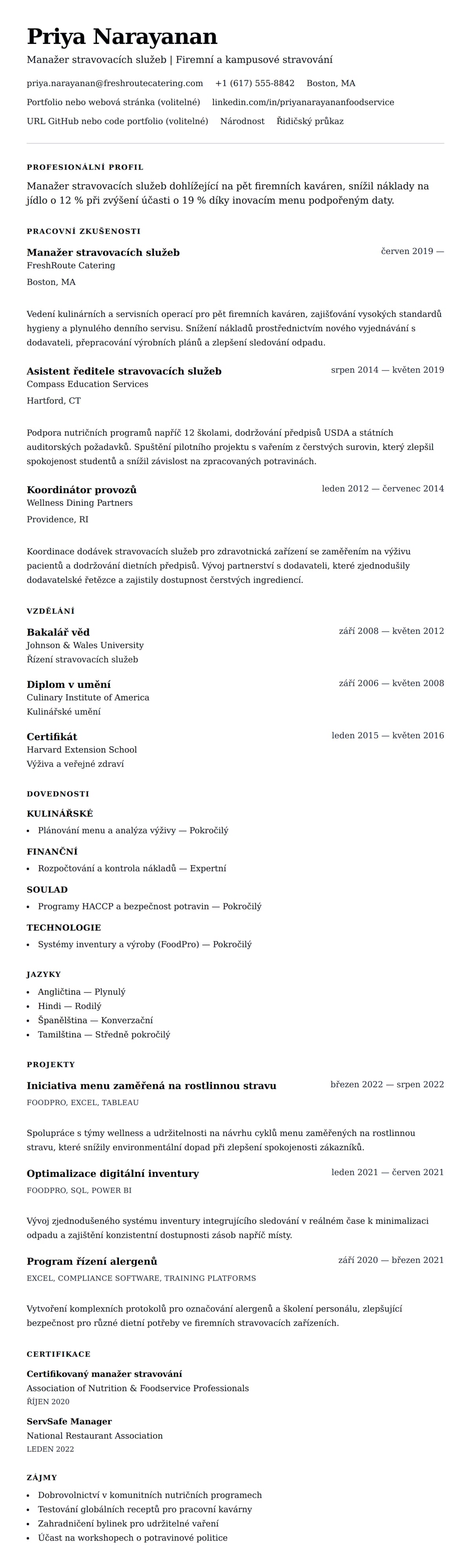 Náhled životopisu pro Příklad životopisu manažera stravovacích služeb