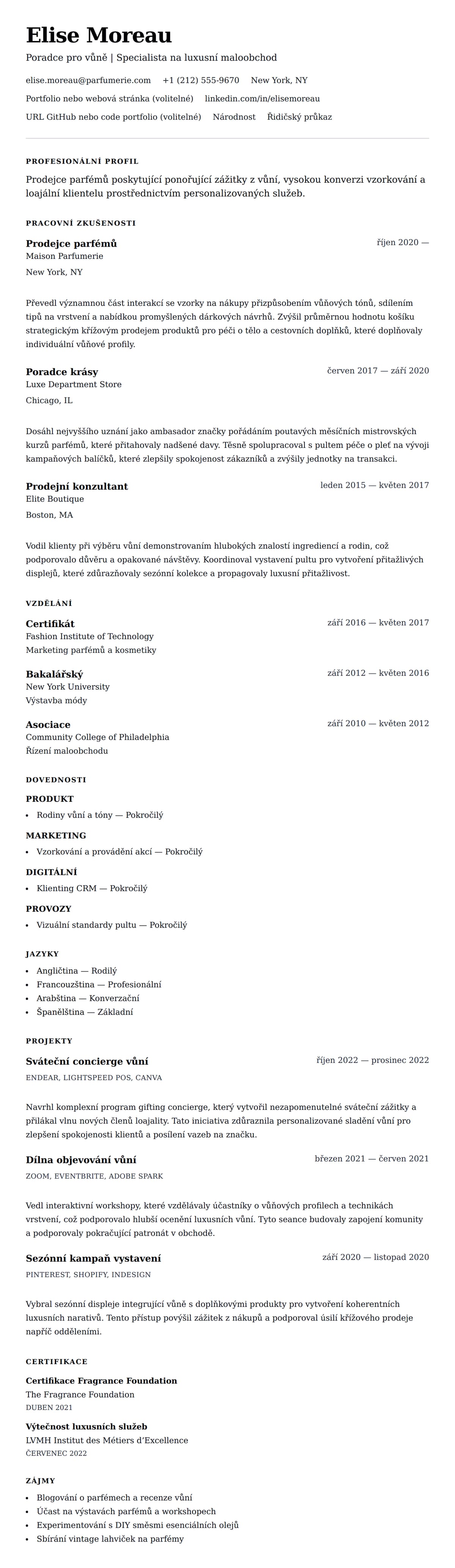 Náhled životopisu pro Příklad životopisu prodejce parfémů