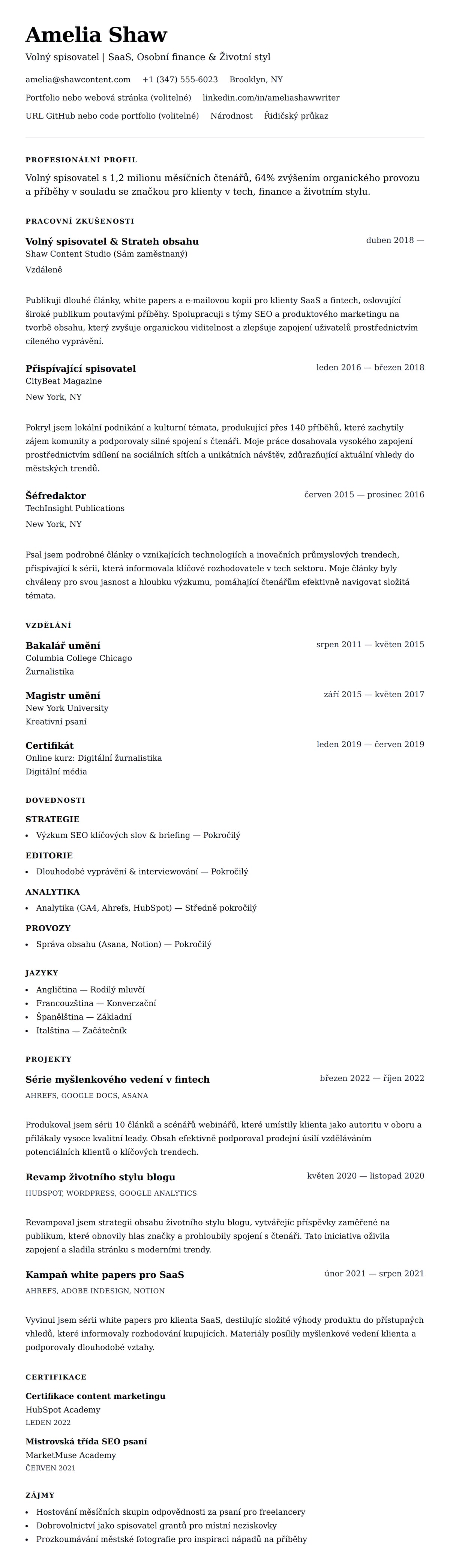 Náhled životopisu pro Příklad životopisu volného spisovatele