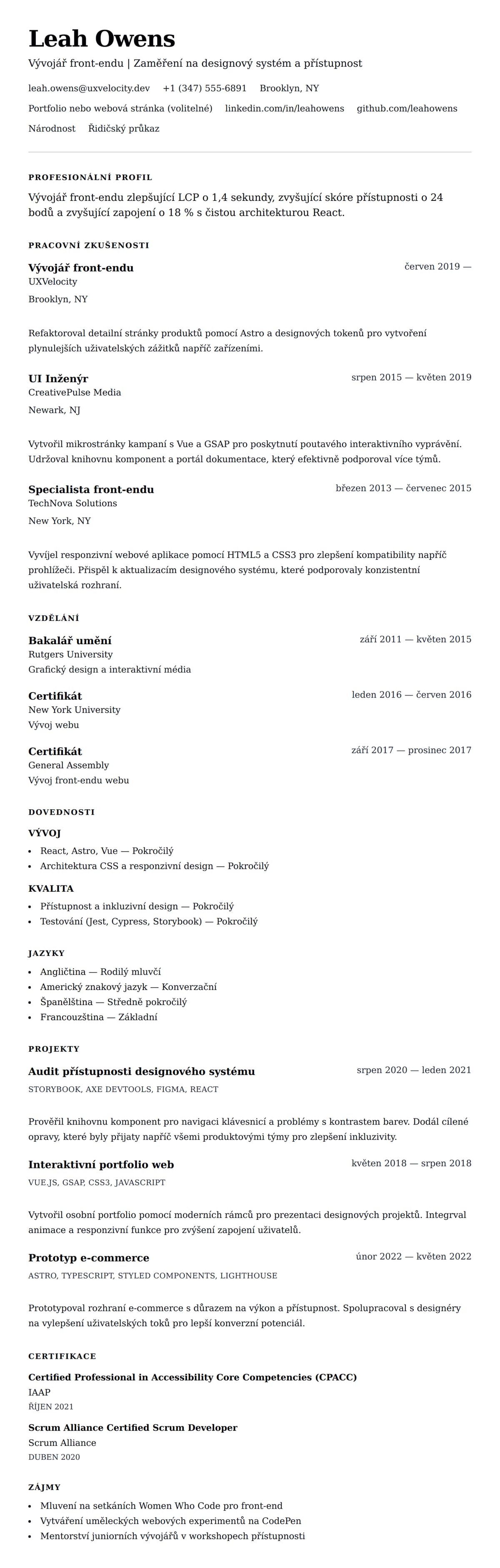 Náhled životopisu pro Příklad životopisu vývojáře front-endu
