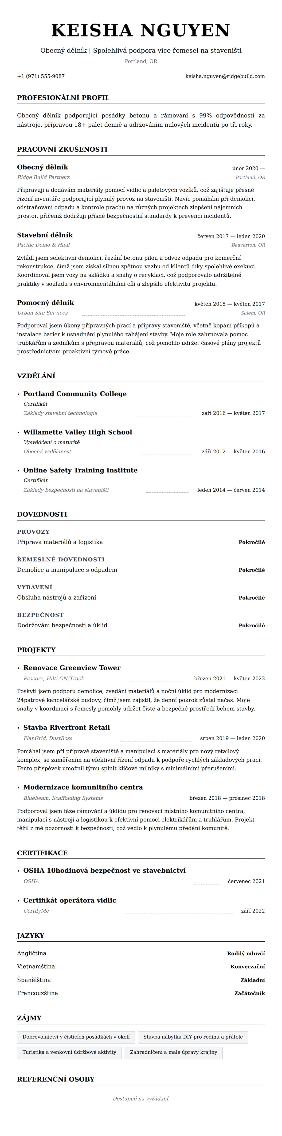 Náhled životopisu pro Příklad životopisu pro obecného dělníka