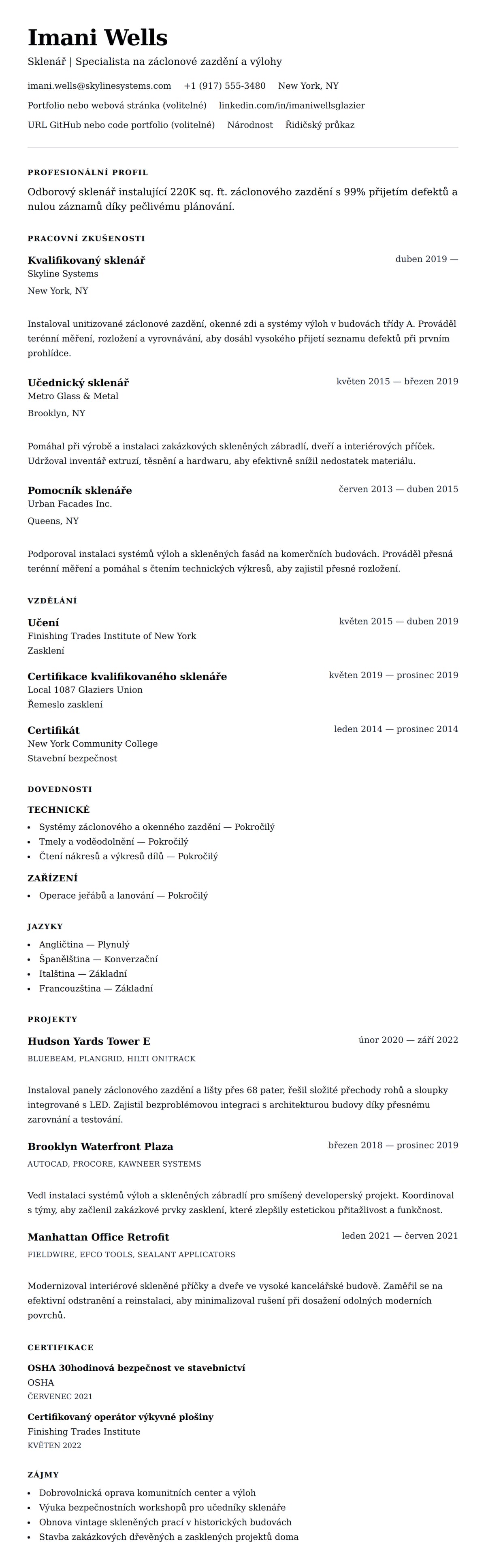 Náhled životopisu pro Příklad životopisu sklenáře