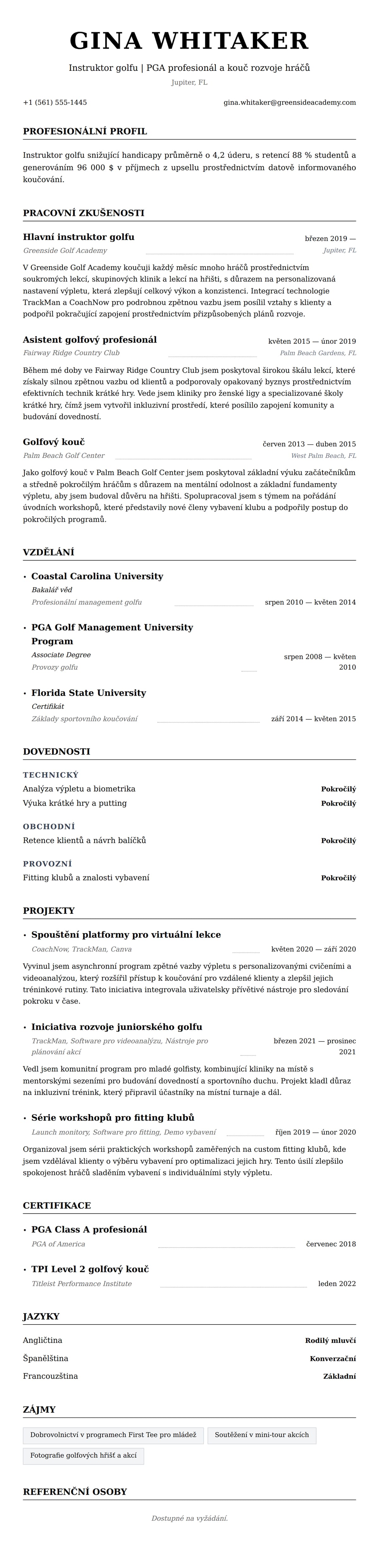 Náhled životopisu pro Příklad životopisu instruktora golfu