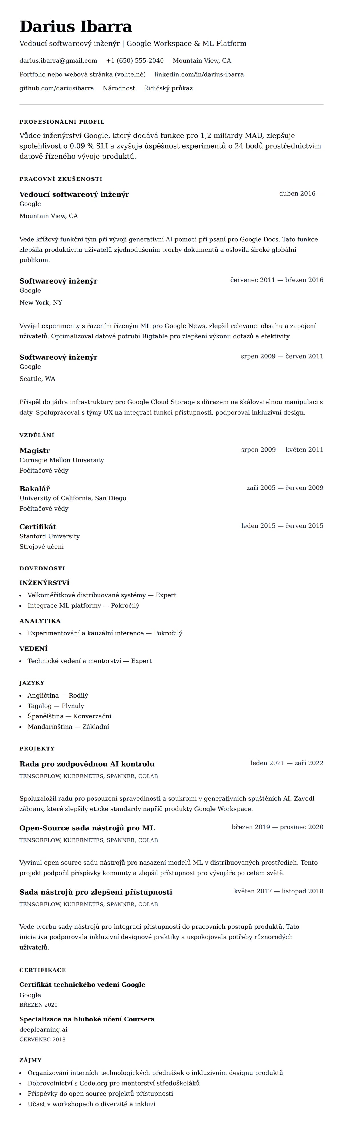 Náhled životopisu pro Příklad životopisu pro Google