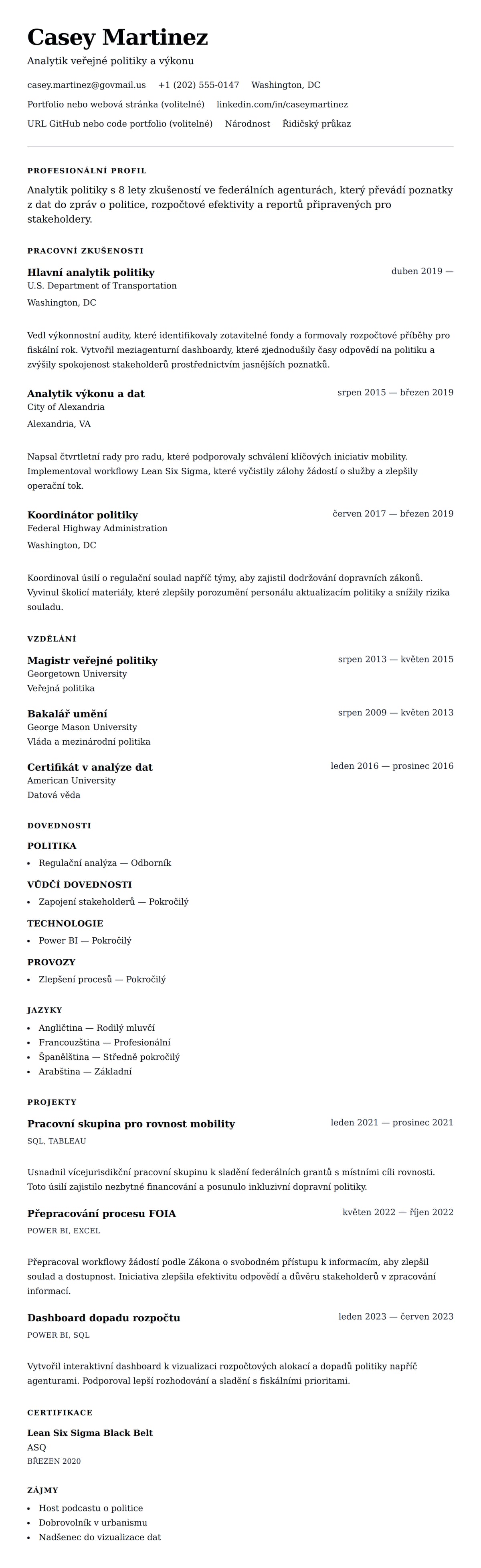 Náhled životopisu pro Příklad životopisu analytika vlády