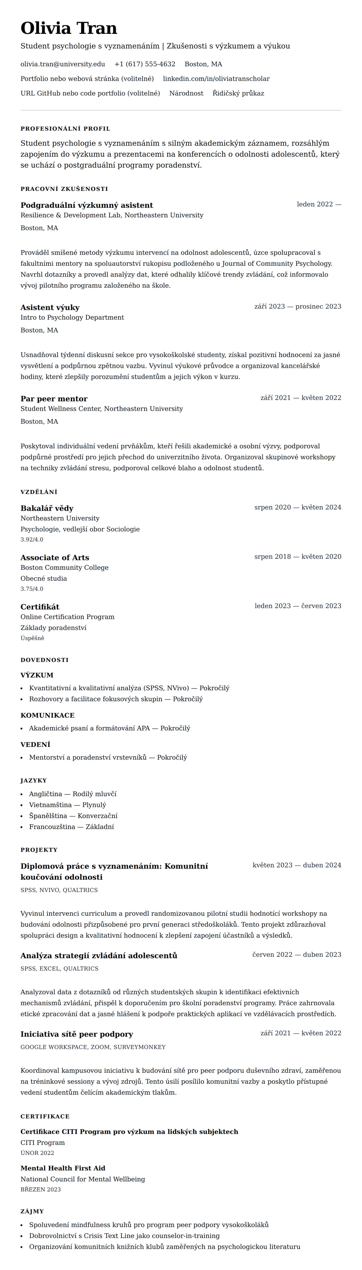 Náhled životopisu pro Příklad životopisu pro žadatele o postgraduální studium