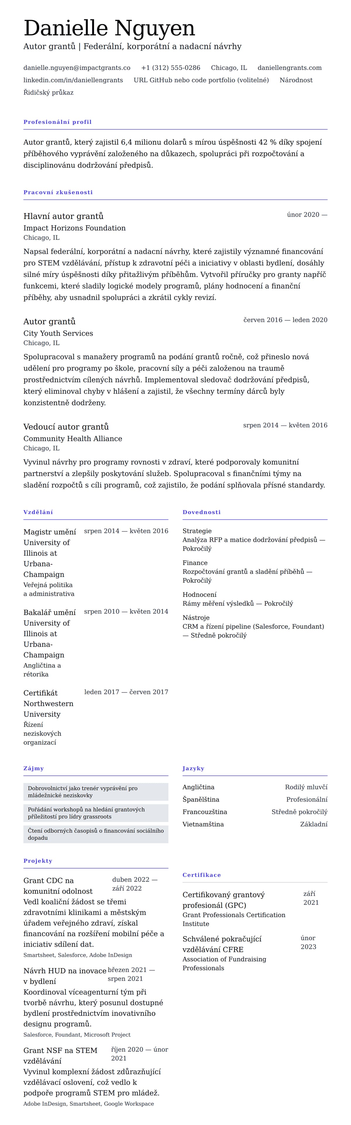 Náhled životopisu pro Příklad životopisu pro autora grantů