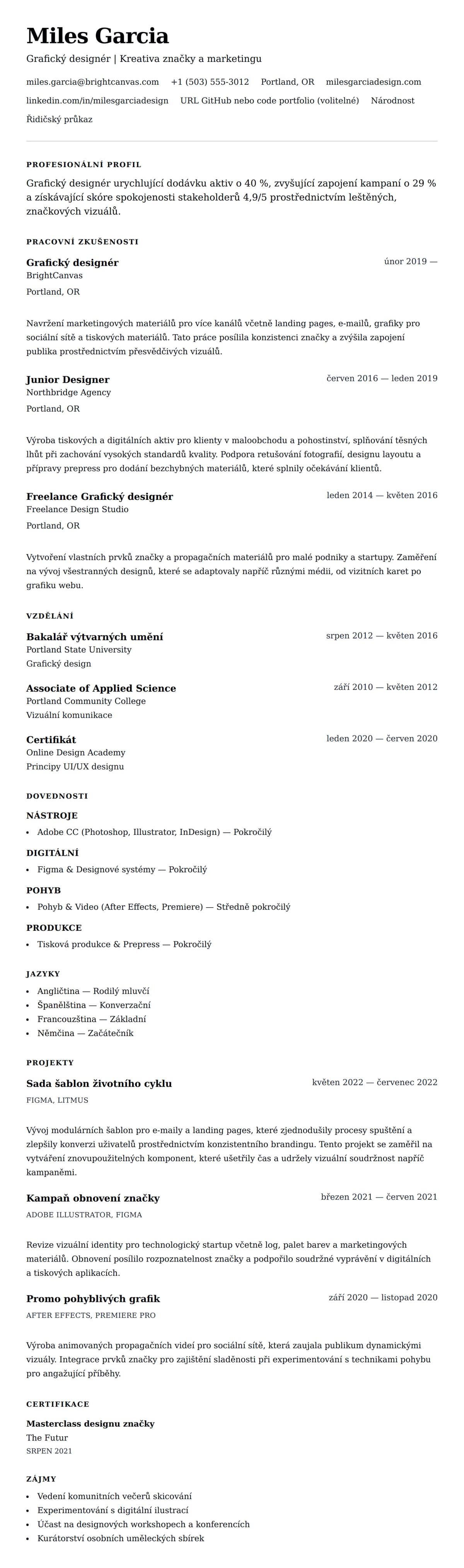 Náhled životopisu pro Příklad životopisu grafického designéra