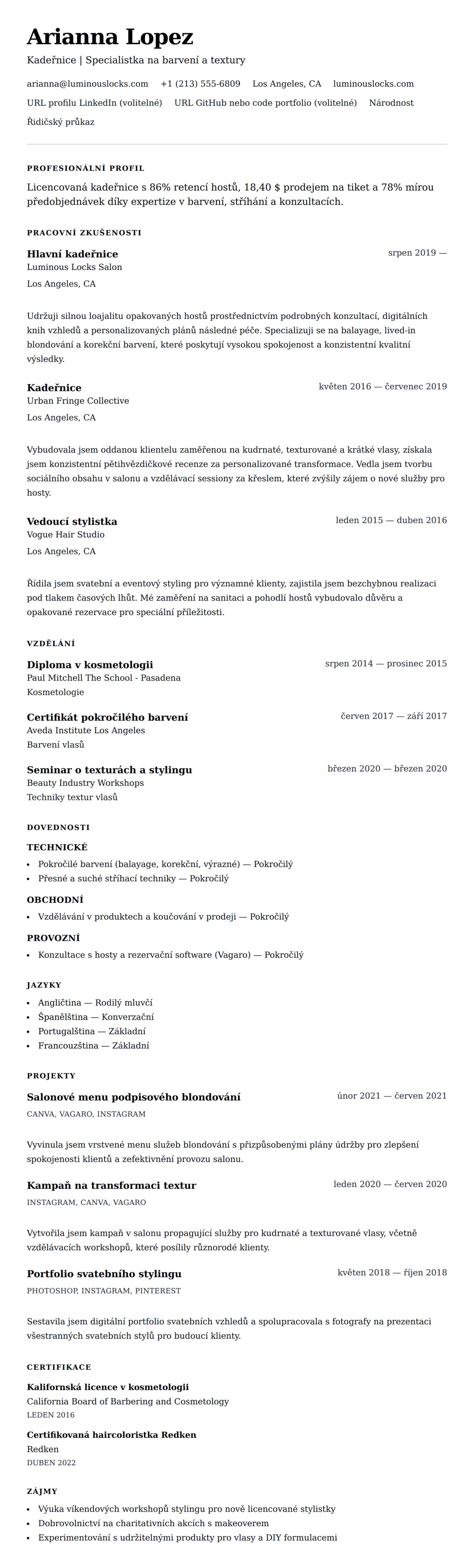 Náhled životopisu pro Příklad životopisu kadeřníka