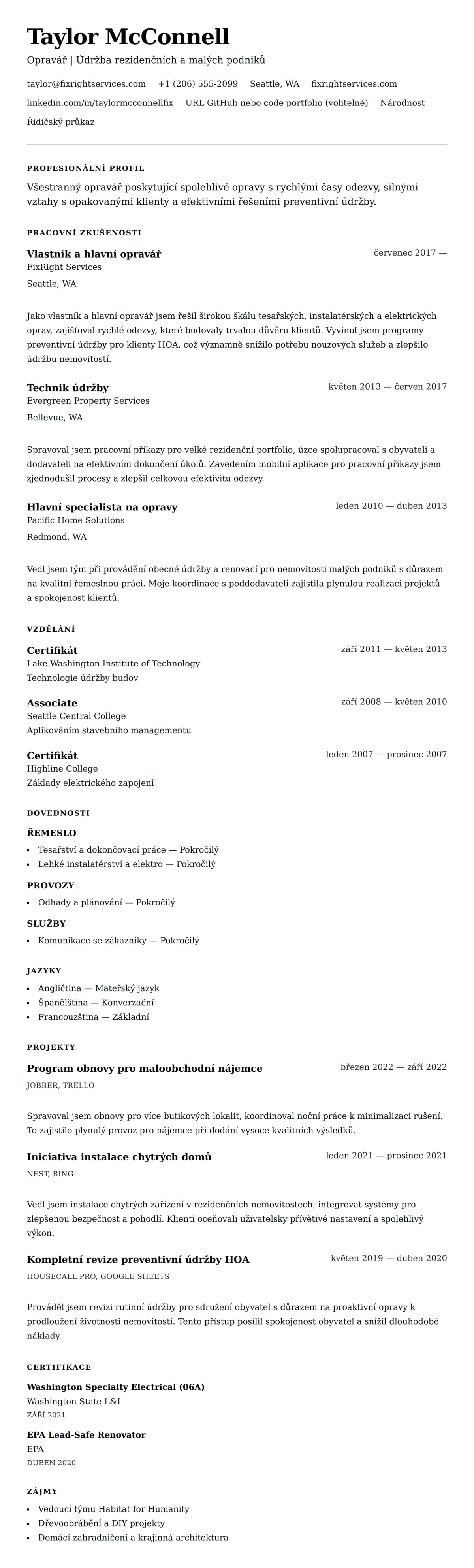 Náhled životopisu pro Příklad životopisu opraváře