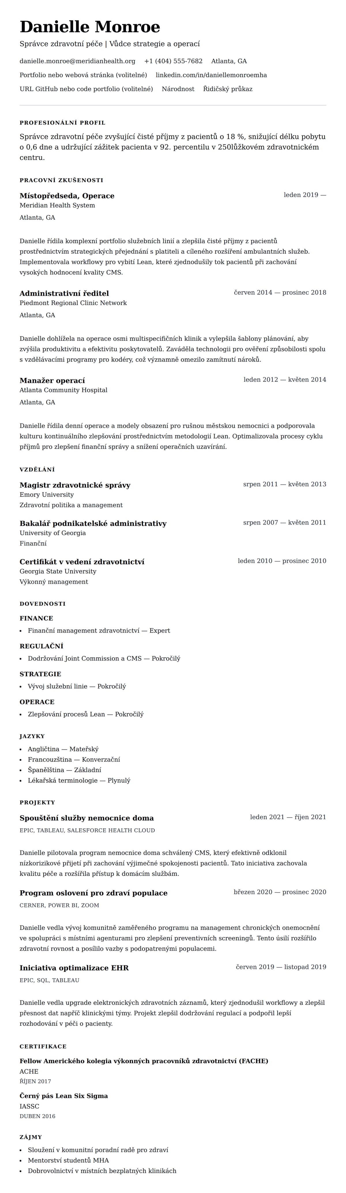 Náhled životopisu pro Příklad životopisu pro správu zdravotní péče