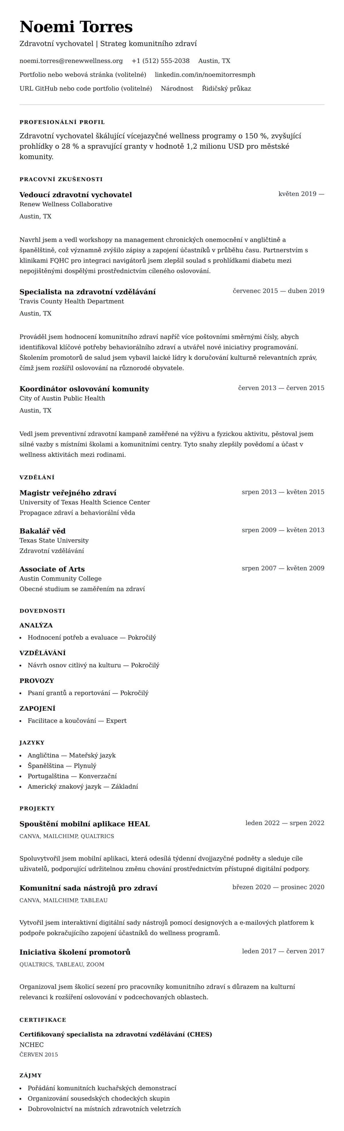 Náhled životopisu pro Příklad životopisu zdravotního vychovatele