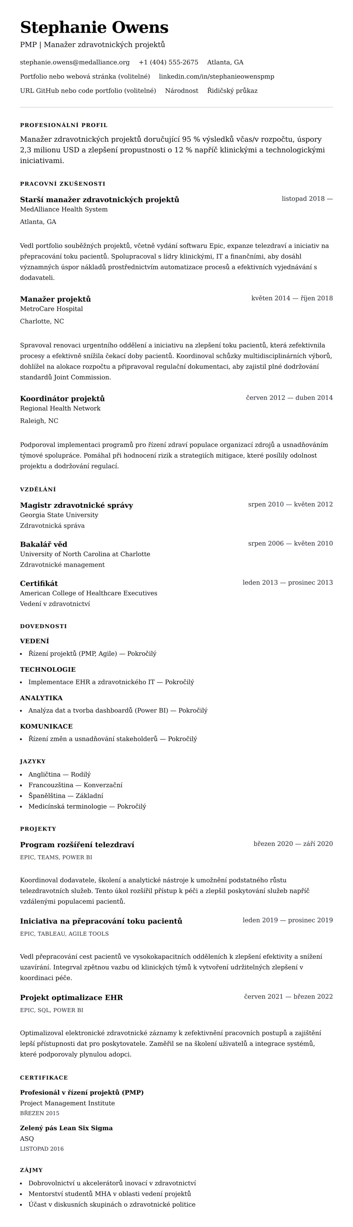Náhled životopisu pro Příklad životopisu Manažera zdravotnických projektů