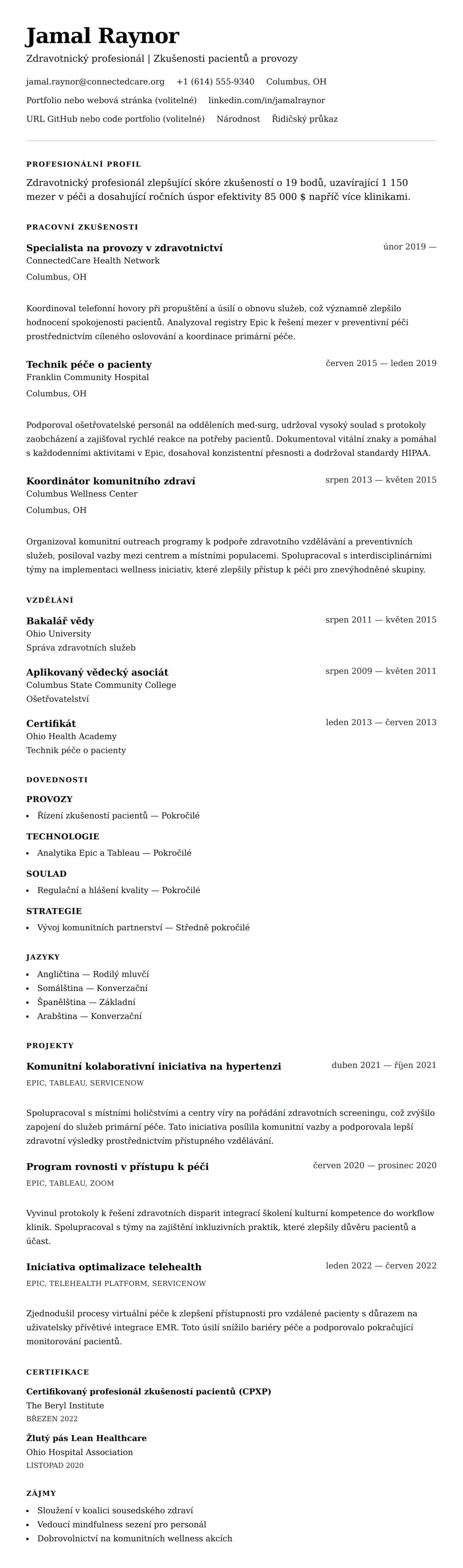 Náhled životopisu pro Příklad životopisu zdravotnického profesionála