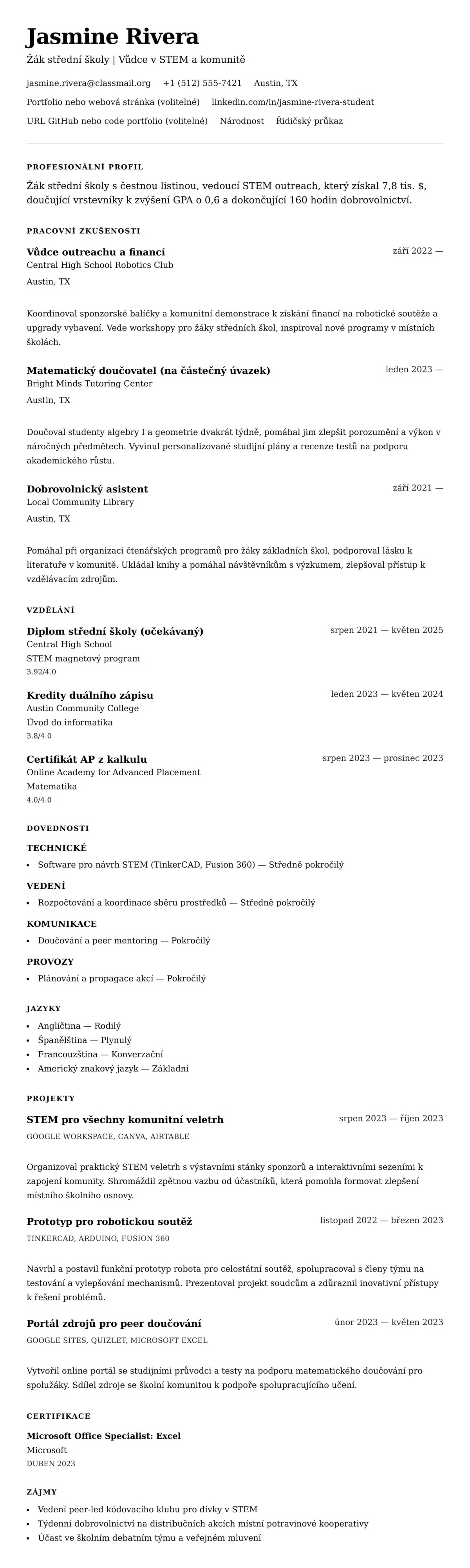 Náhled životopisu pro Příklad životopisu žáka střední školy