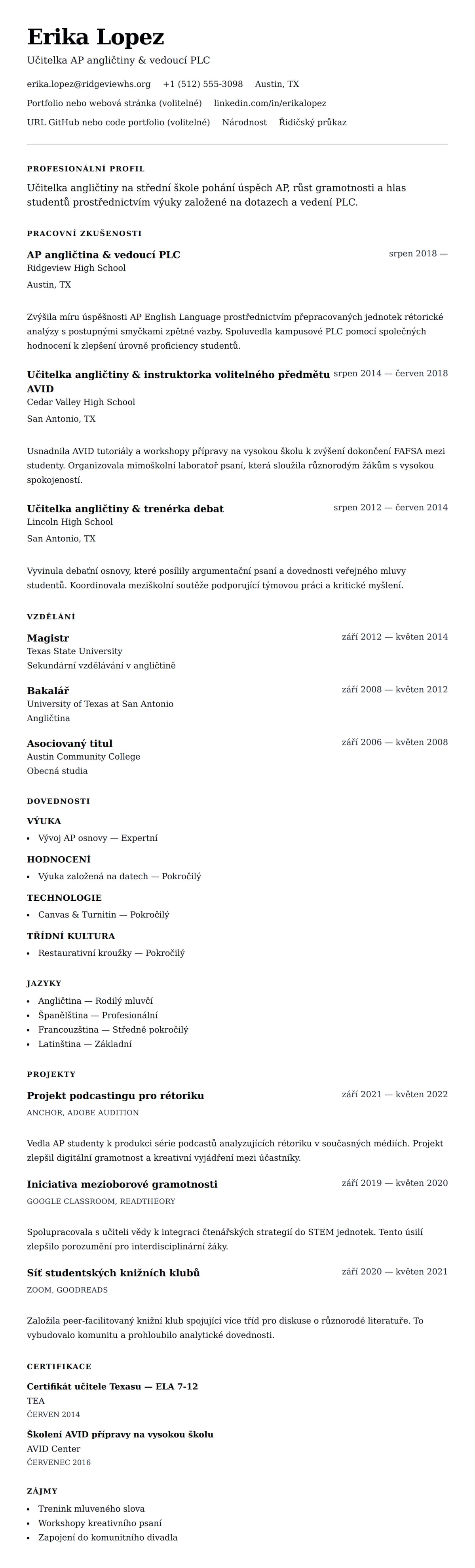 Náhled životopisu pro Příklad životopisu učitele střední školy