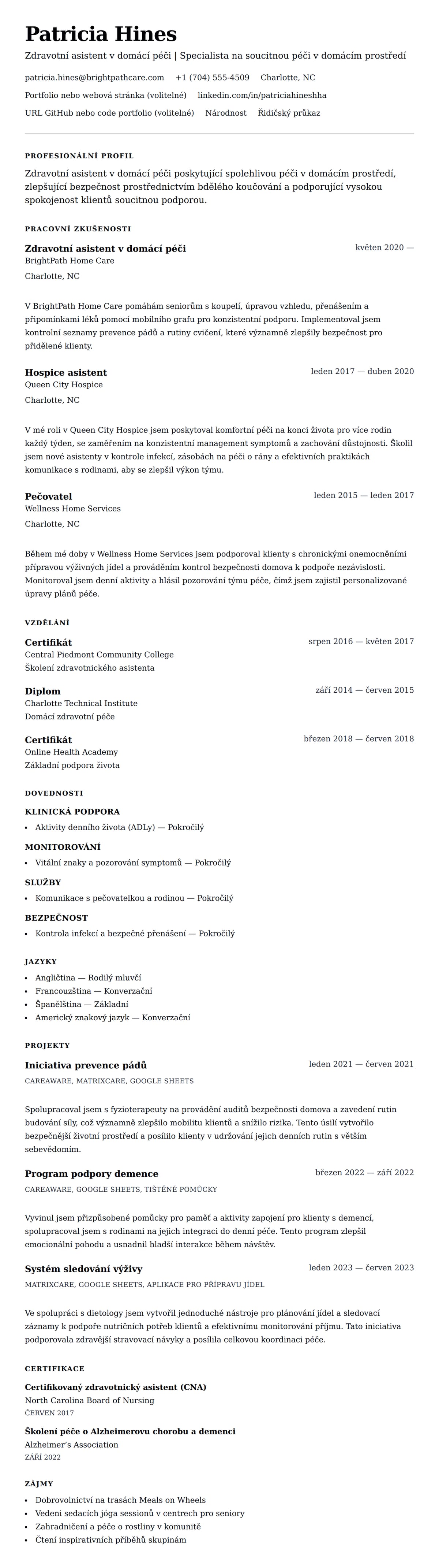 Náhled životopisu pro Příklad životopisu zdravotního asistenta v domácí péči
