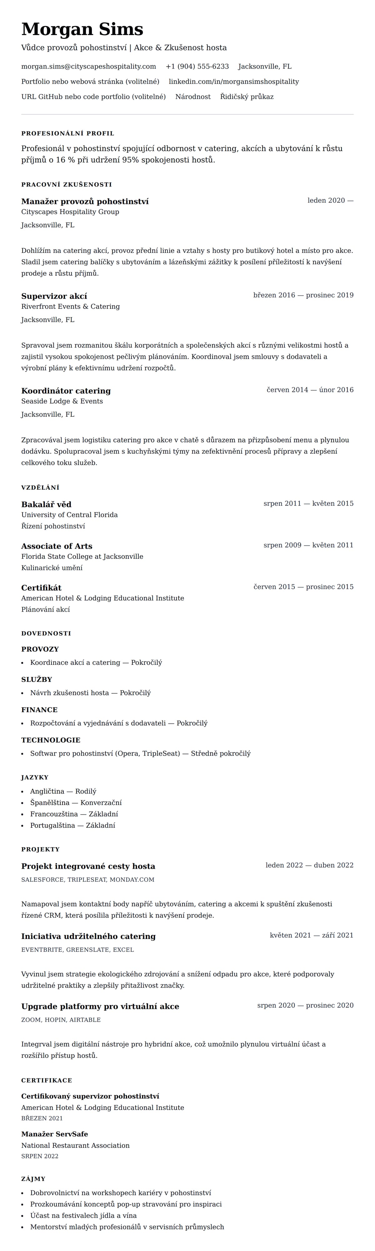 Náhled životopisu pro Příklad životopisu profesionála v oblasti pohostinství a catering
