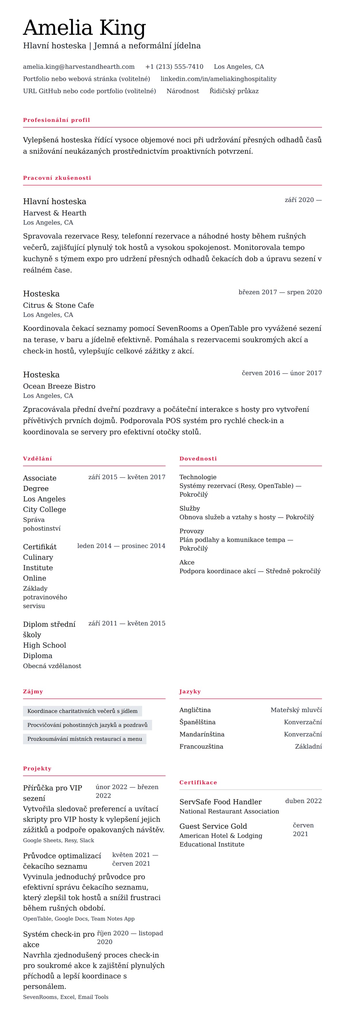 Náhled životopisu pro Příklad životopisu hostesky