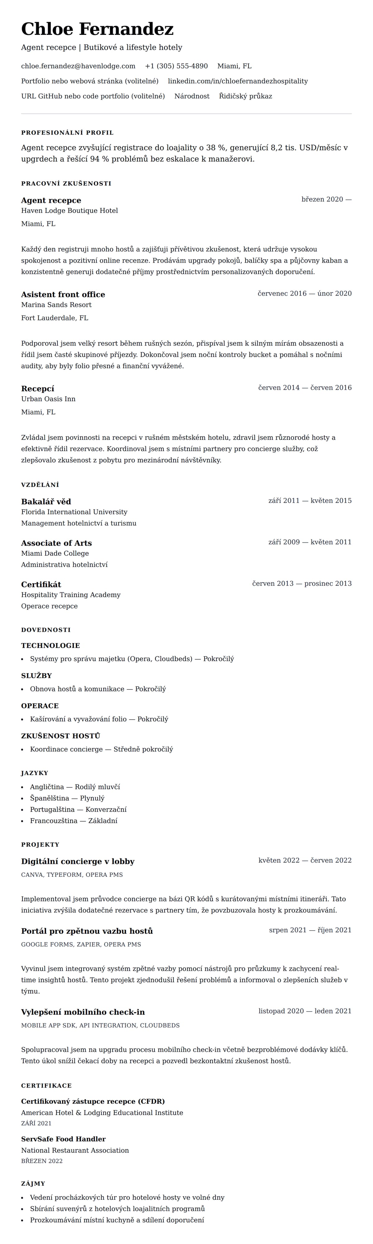 Náhled životopisu pro Příklad životopisu zaměstnance hotelové recepce