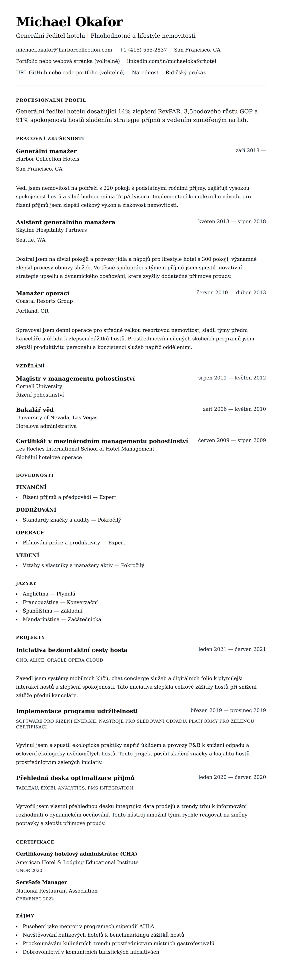 Náhled životopisu pro Příklad životopisu pro řízení hotelu
