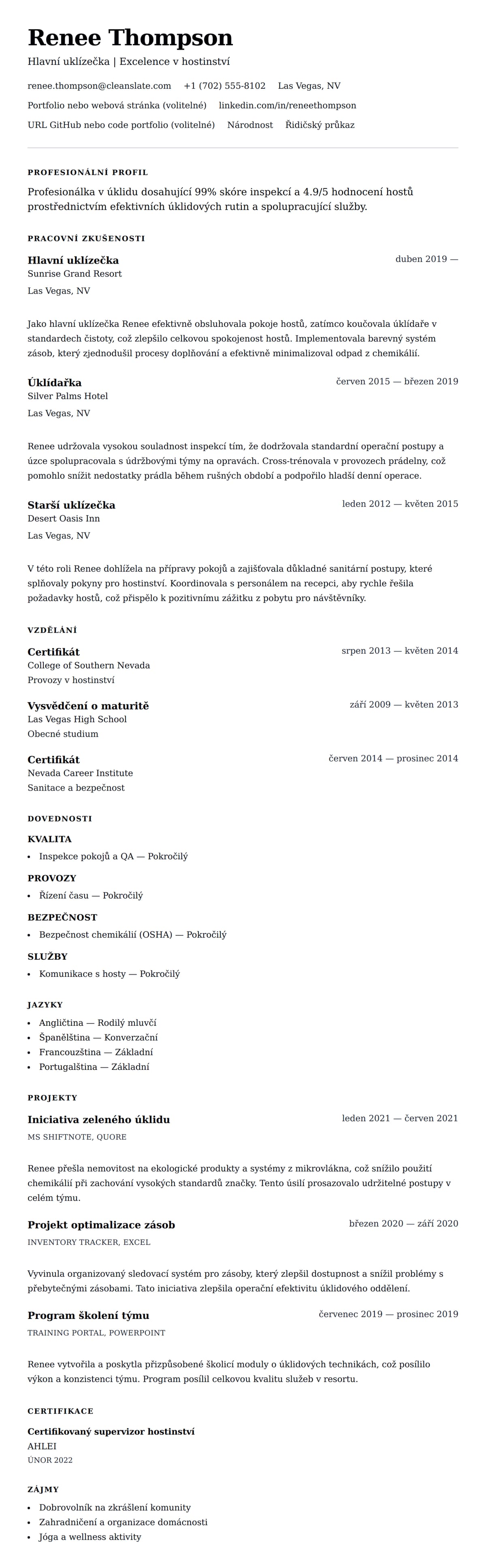 Náhled životopisu pro Příklad životopisu pro úklid