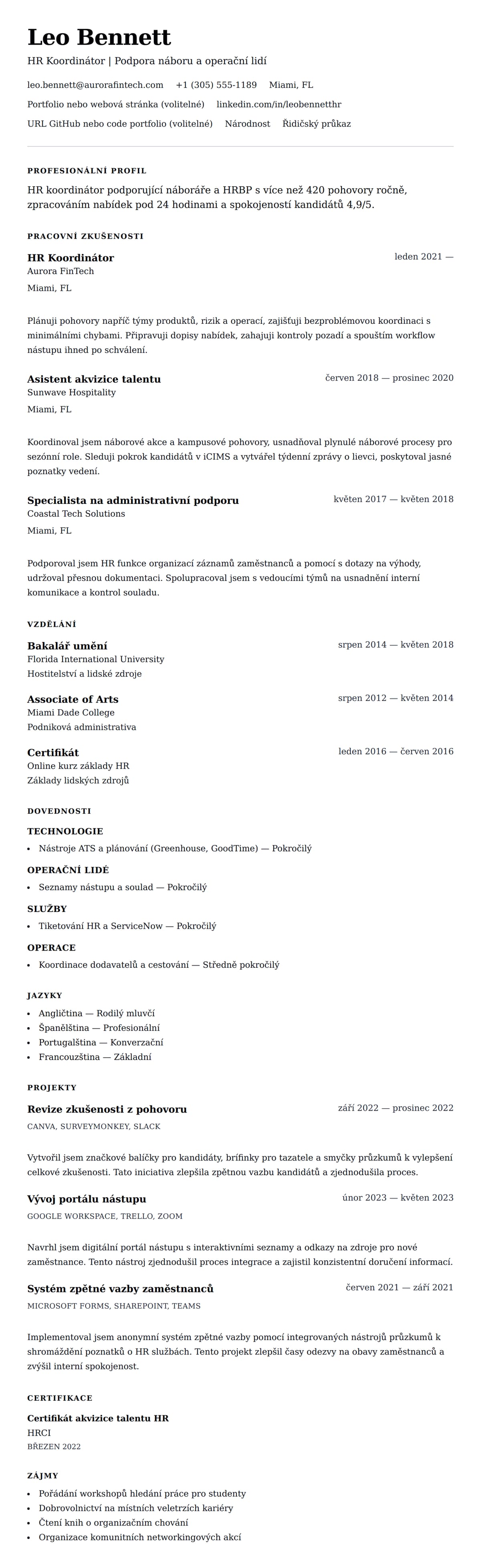 Náhled životopisu pro Příklad životopisu HR koordinátora