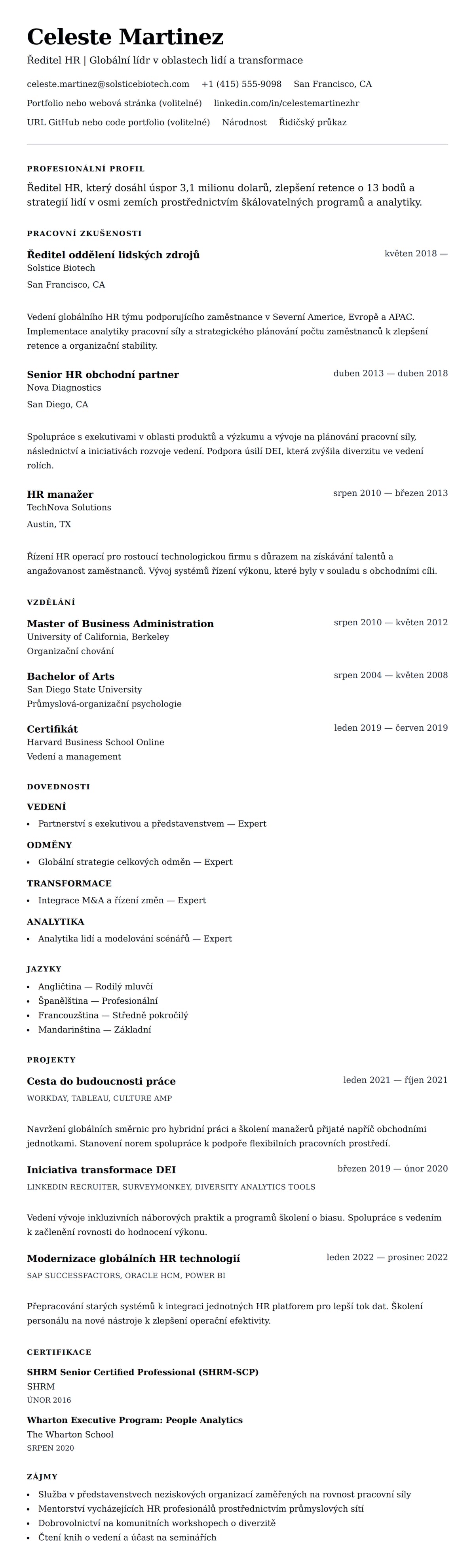 Náhled životopisu pro Příklad životopisu Ředitele HR